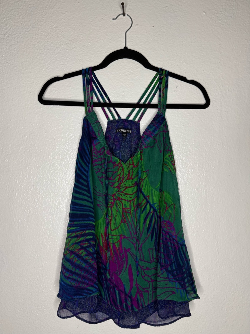 Express Green, Tropical Multicolor Resort Print Strappy Camisole Blouse Sz XS